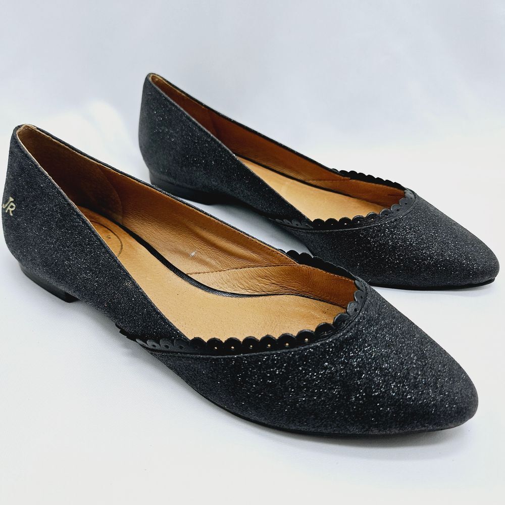 Jack Rogers Sz 7 Black Caroline Glitter Flats Scalloped‎ Edges Pointed Toe